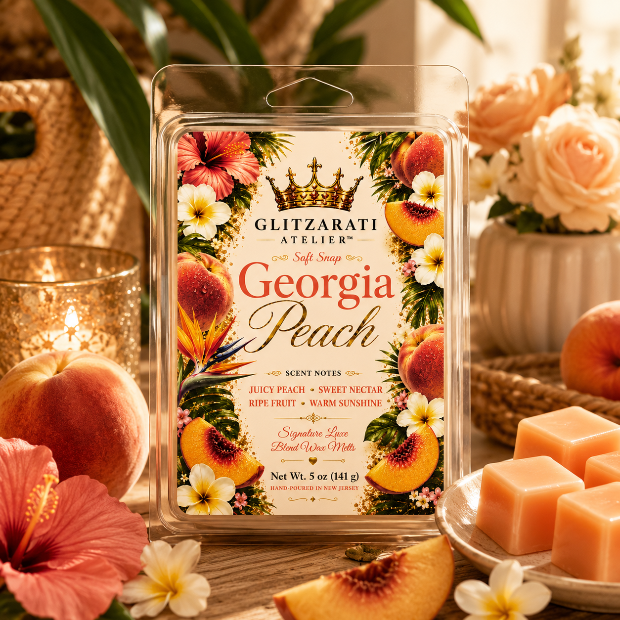 Georgia Peach wax melt package with decorative elements and scents listed.