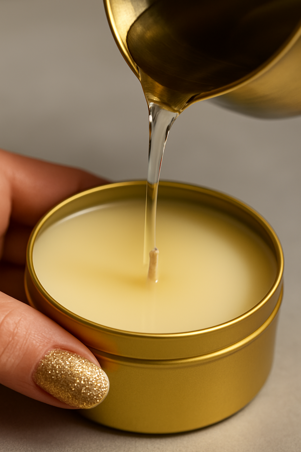 Gold spoon pouring liquid into a gold container with a hand holding it.