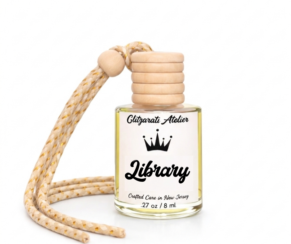 Library | Luxe Hanging Car Diffuser | Warm Vanilla, Aged Leather & Soft Woods | Refillable Glass Freshener