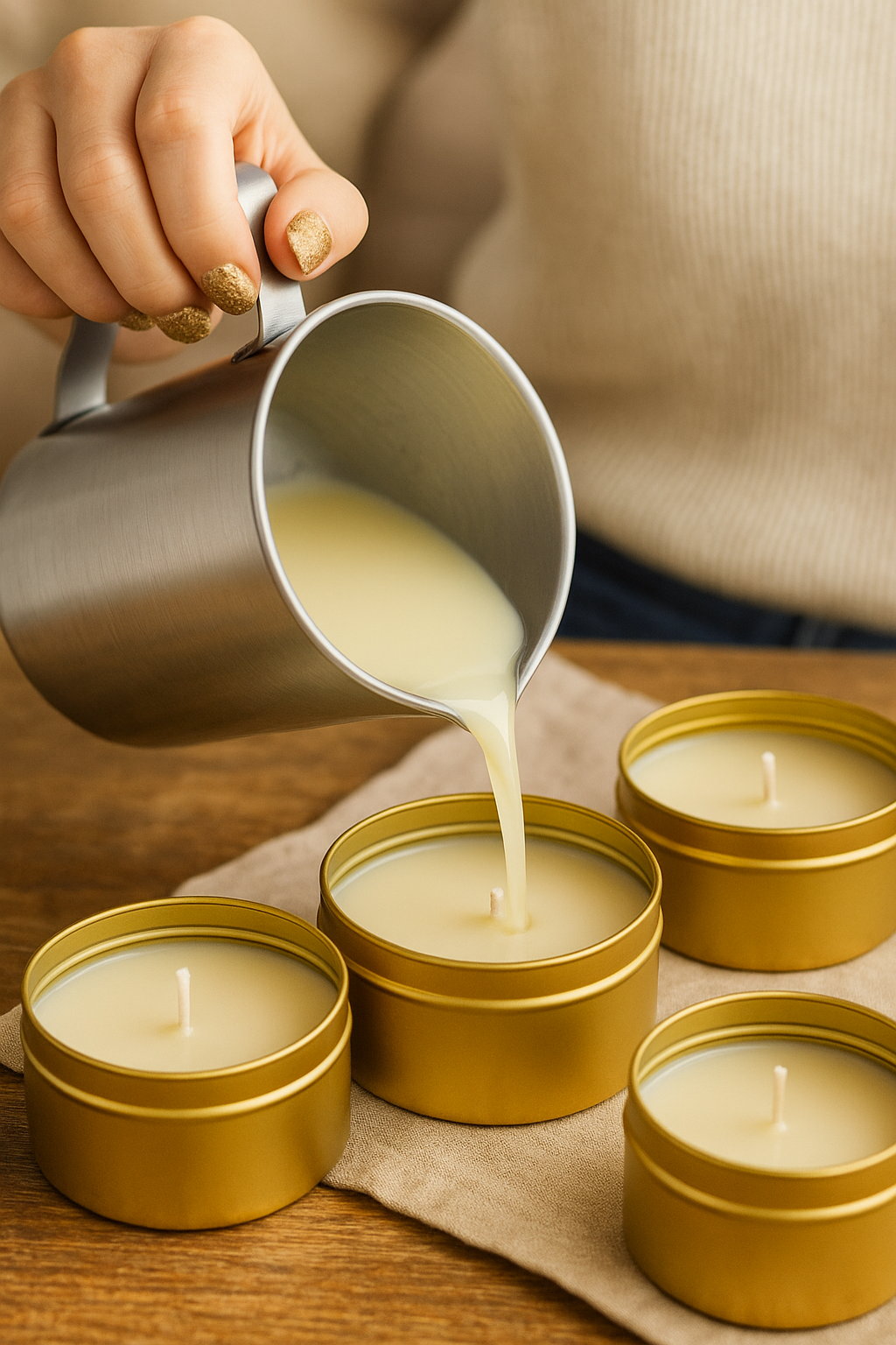Person pouring liquid into small gold containers with candles on a wooden surface.