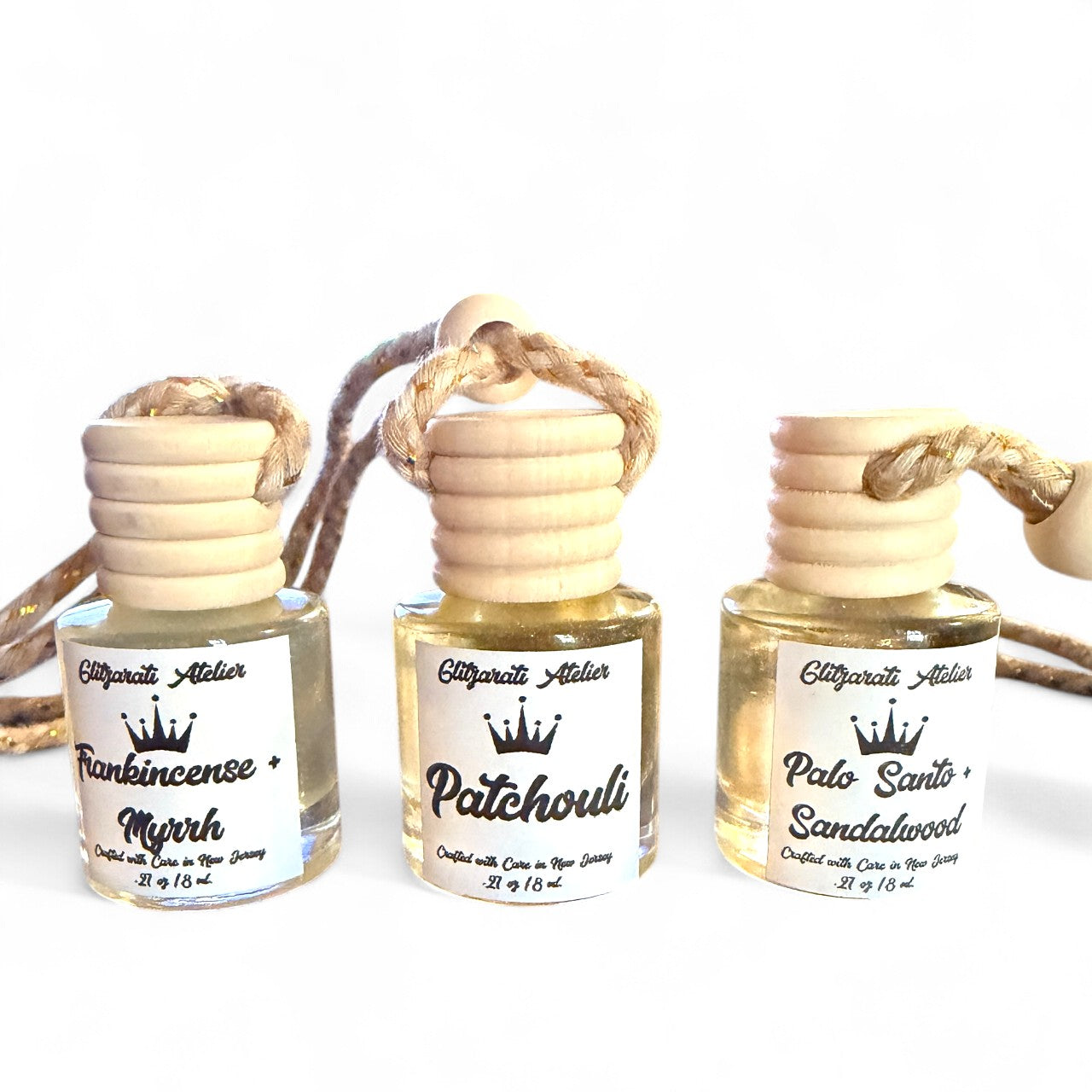 Sacred Earth Trio – Patchouli, Frankincense & Myrrh, Palo Santo & Sandalwood • Grounding Car Diffuser Gift Set | Glitzarati Atelier