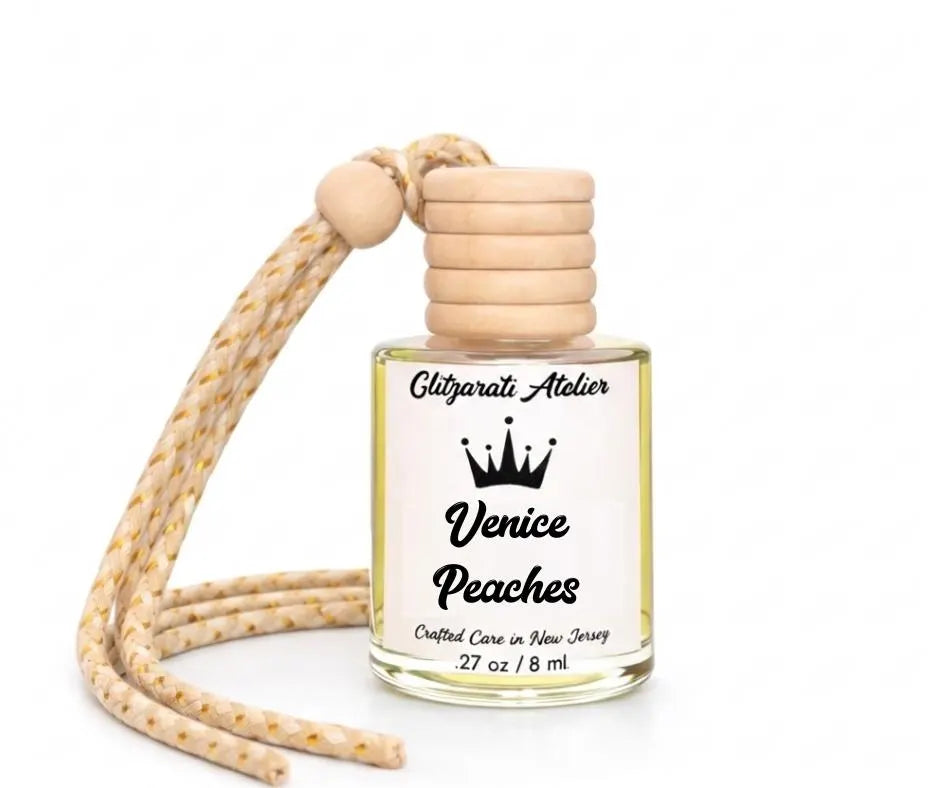 Venice Peaches | Luxe Hanging Car Diffuser | Orange, Grapefruit Peel & Creamy Peach Vanilla Musk | Refillable Glass Freshener