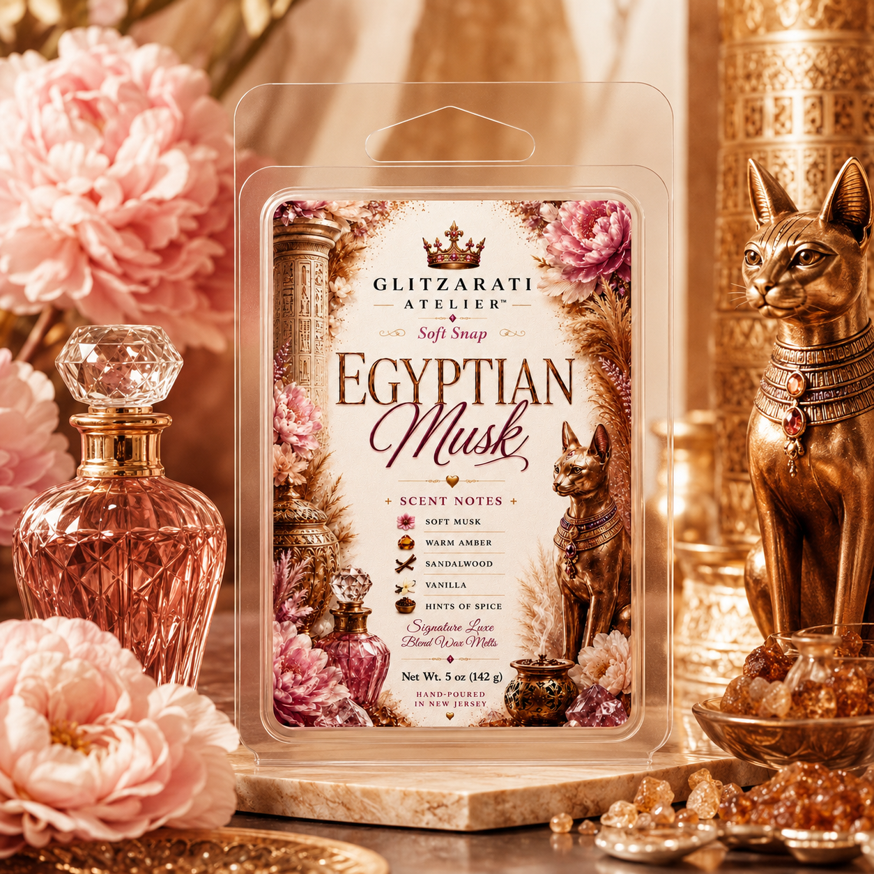 Egyptian Musk | Signature Luxe Blend Wax Melt | White Florals, Soft Musk & Powdery Warmth | 5 oz Clamshell | Glitzarati Atelier™