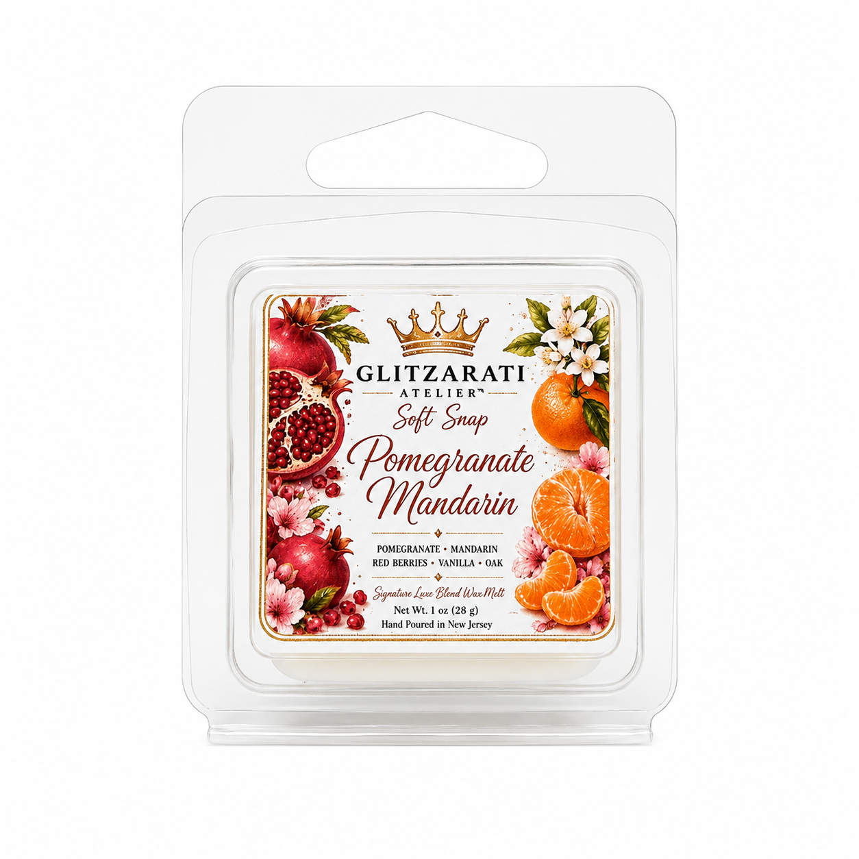 Pomegranate Mandarin | Signature Luxe Blend Wax Melt | Pomegranate, Sparkling Mandarin, Berries & Sheer Musk | 1 oz Clamshell | Glitzarati Atelier™