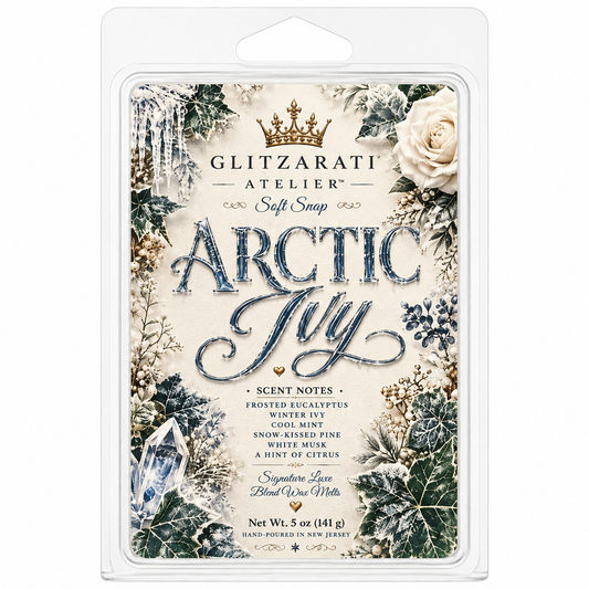 Packaged wax melt with 'Glitzerati Atelier' branding and 'Arctic Lily' scent on a white background.