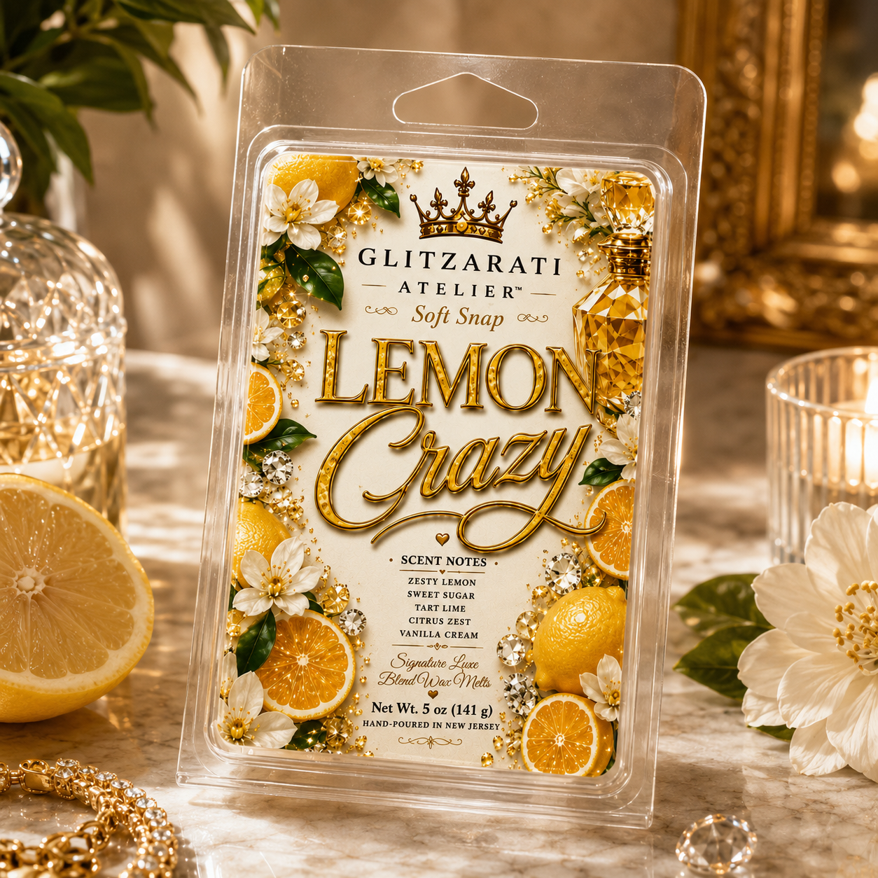 Packaged lemon-scented product with decorative elements on a reflective surface.