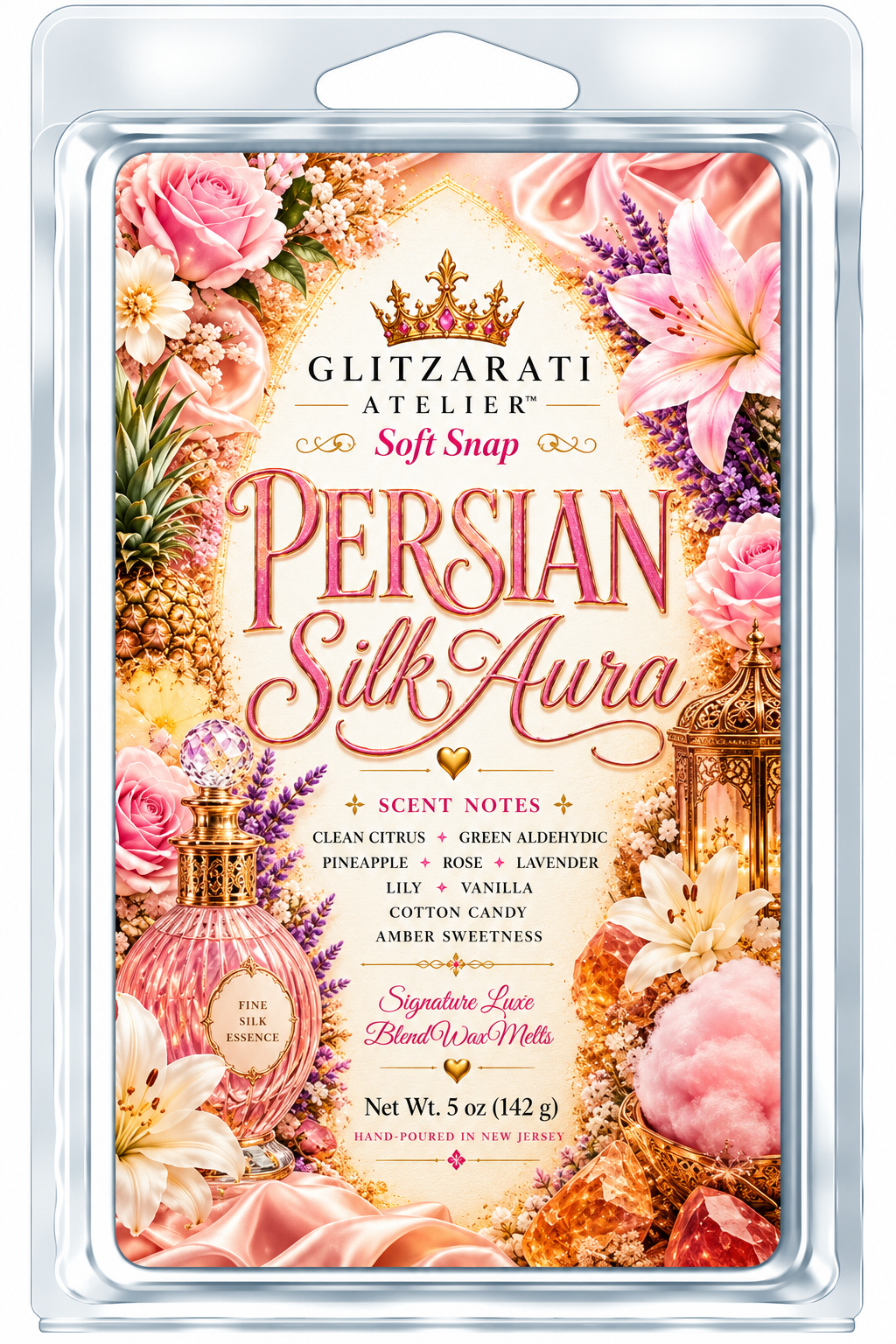Persian Silk Aura | Signature Luxe Blend Wax Melt | Clean Citrus, Rose Lavender & Amber Sweetness | 5 oz Clamshell | Glitzarati Atelier™