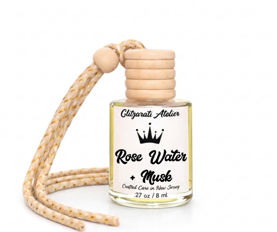 Rose Water & Musk | Luxe Hanging Car Diffuser | Cassis, Rose Water, Jasmine & Creamy Musk | Refillable Glass Freshener