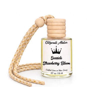Seaside Strawberry Bloom | Luxe Hanging Car Diffuser | Strawberry, Dewy Pink Peony & Solar Woods | Refillable Glass Freshener