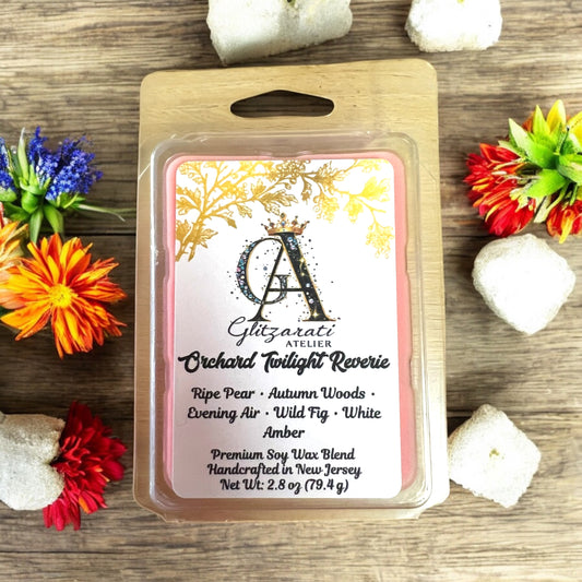 Orchard Twilight Reverie Luxe Iridescent Wax Melts – Ripe Pear, Autumn Woods & Evening Air • 2.8 oz | Glitzarati Atelier