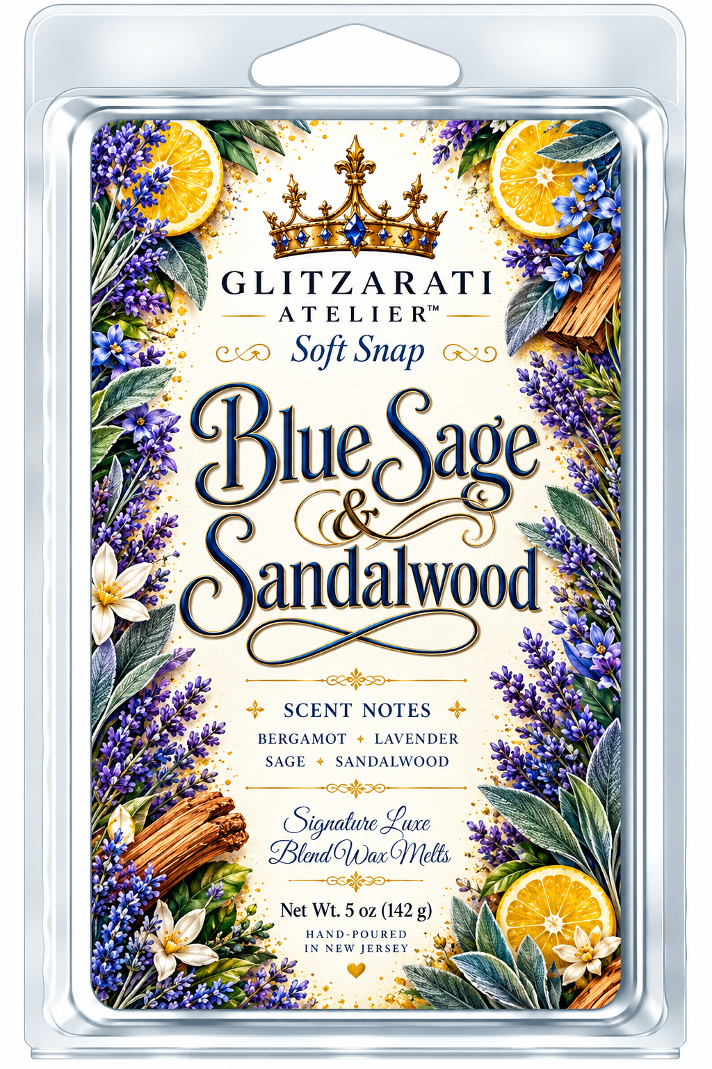 Blue Sage & Sandalwood | Signature Luxe Blend Wax Melt | Sage, Lavender & Warm Sandalwood | 5 oz Clamshell | Glitzarati Atelier™