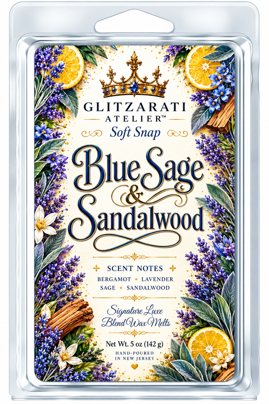 Blue Sage & Sandalwood | Signature Luxe Blend Wax Melt | Sage, Lavender & Warm Sandalwood | 5 oz Clamshell | Glitzarati Atelier™