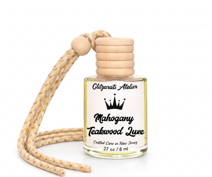 Mahogany Teakwood Luxe | Luxe Hanging Car Diffuser | Warm Woods & Soft Musk | Refillable Glass Car Freshener