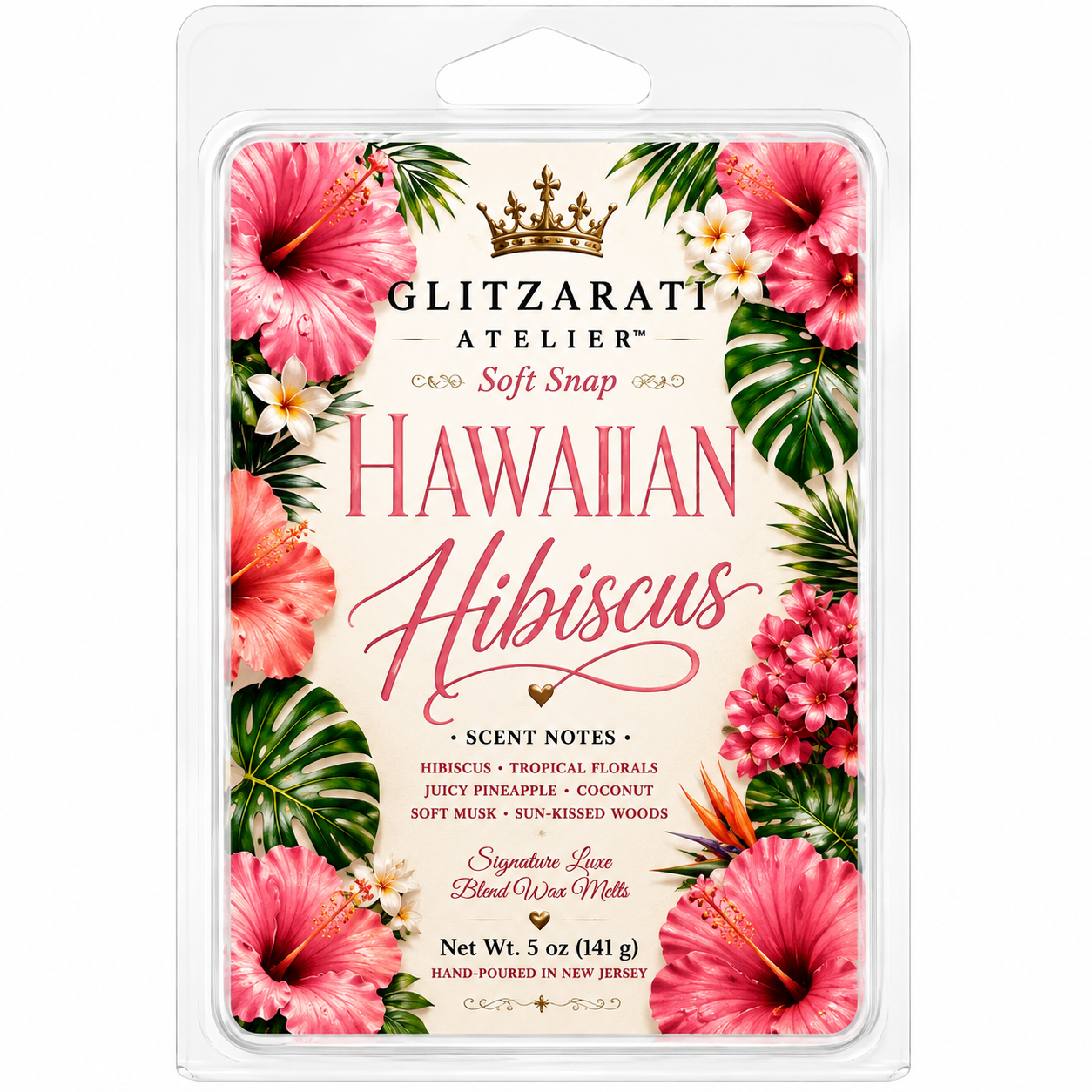 Glitzarati Atelier Hawaiian Hibiscus wax melt package with floral design