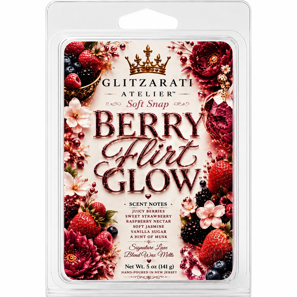 Glitzarati Atelier berry-themed wax melt packaging with floral design