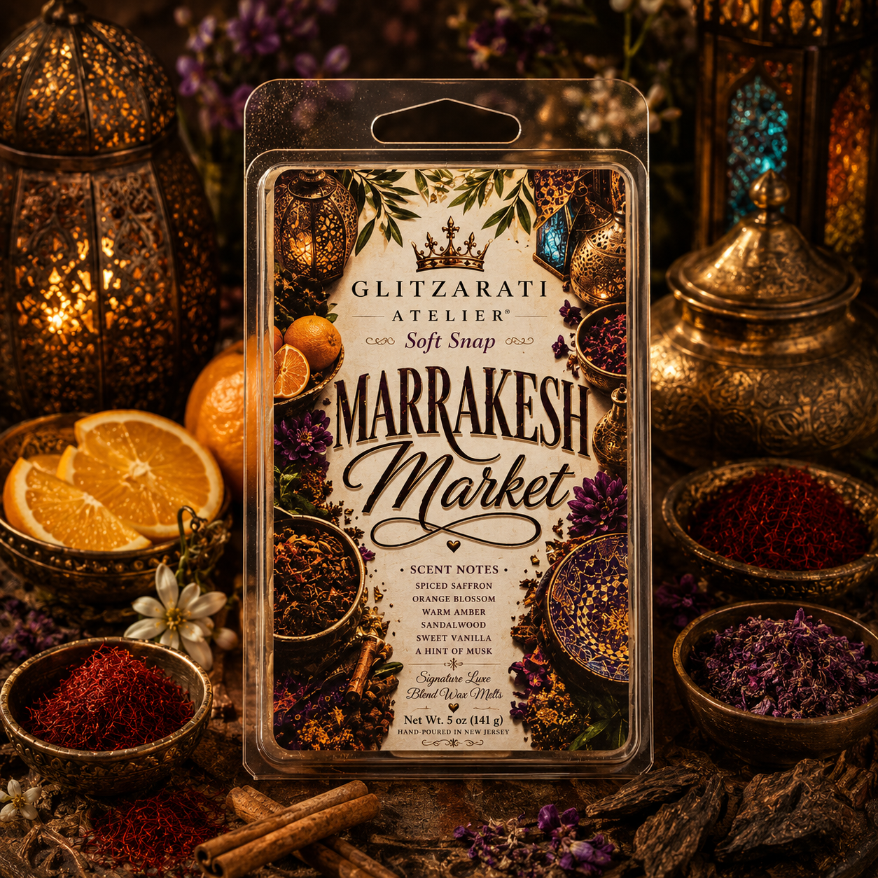 Marrakesh Market | Signature Luxe Blend Wax Melt | Cardamom, Saffron Incense & Tobacco Woods | 5 oz Clamshell | Glitzarati Atelier™