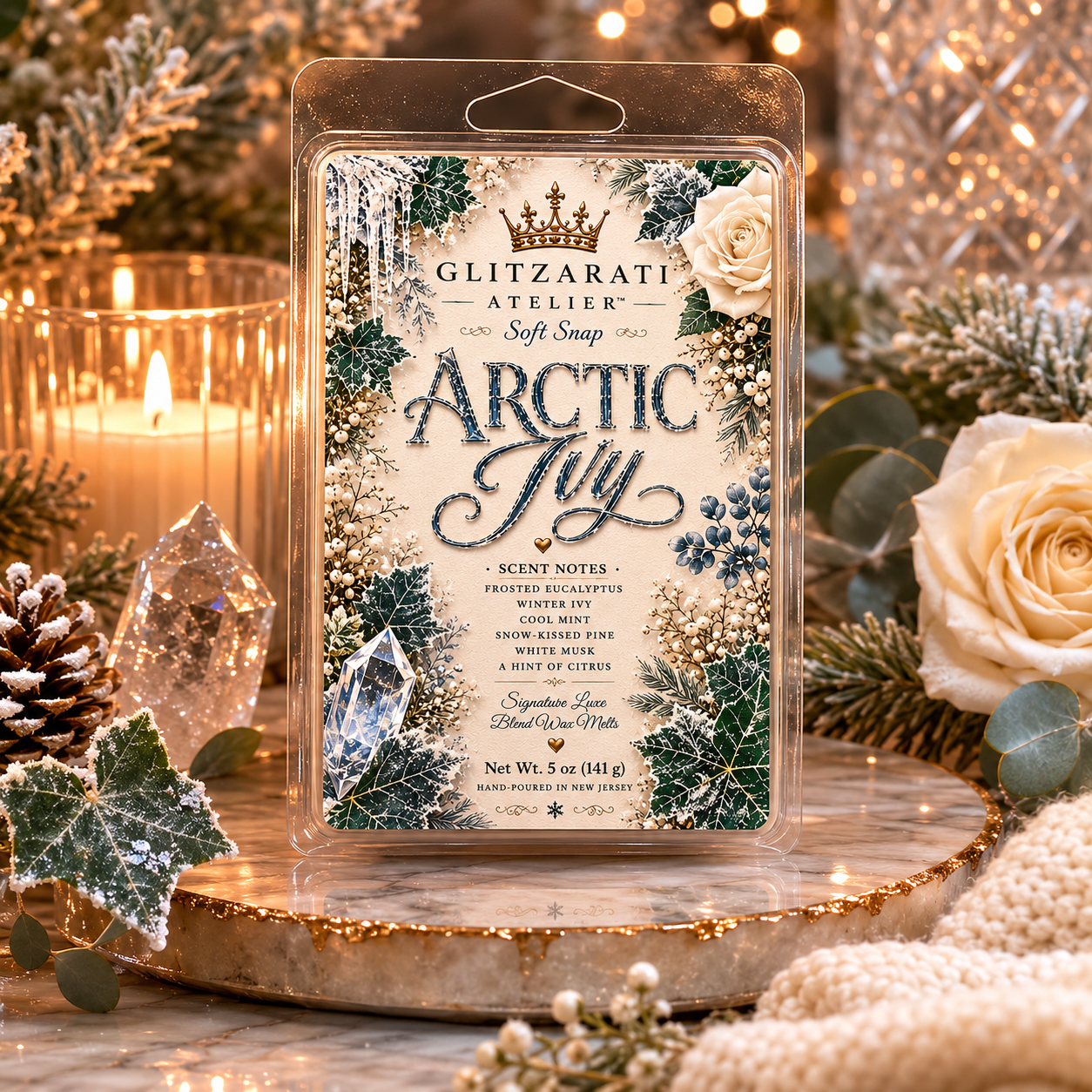 Glitzarati Atelier Arctic Fling soft snap packaging with decorative Christmas elements.