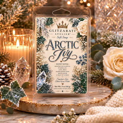 Glitzarati Atelier Arctic Fling soft snap packaging with decorative Christmas elements.