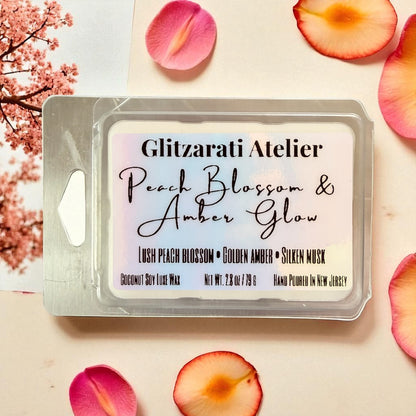 Wax melt package with 'Glitzerati Atelier' branding on a floral background