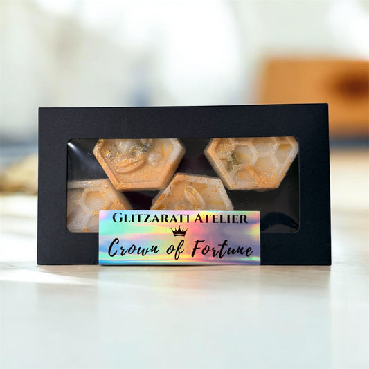 Sacred Crown™ Manifestation Bee Melts – Crown of Fortune | Frankincense, Myrrh, Bay Leaf & Calendula | Coconut Soy Wax | Set of 4 Bees | Net Wt. 2.8 oz | Glitzarati Atelier