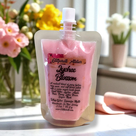 Pink wax melt packaging with floral background