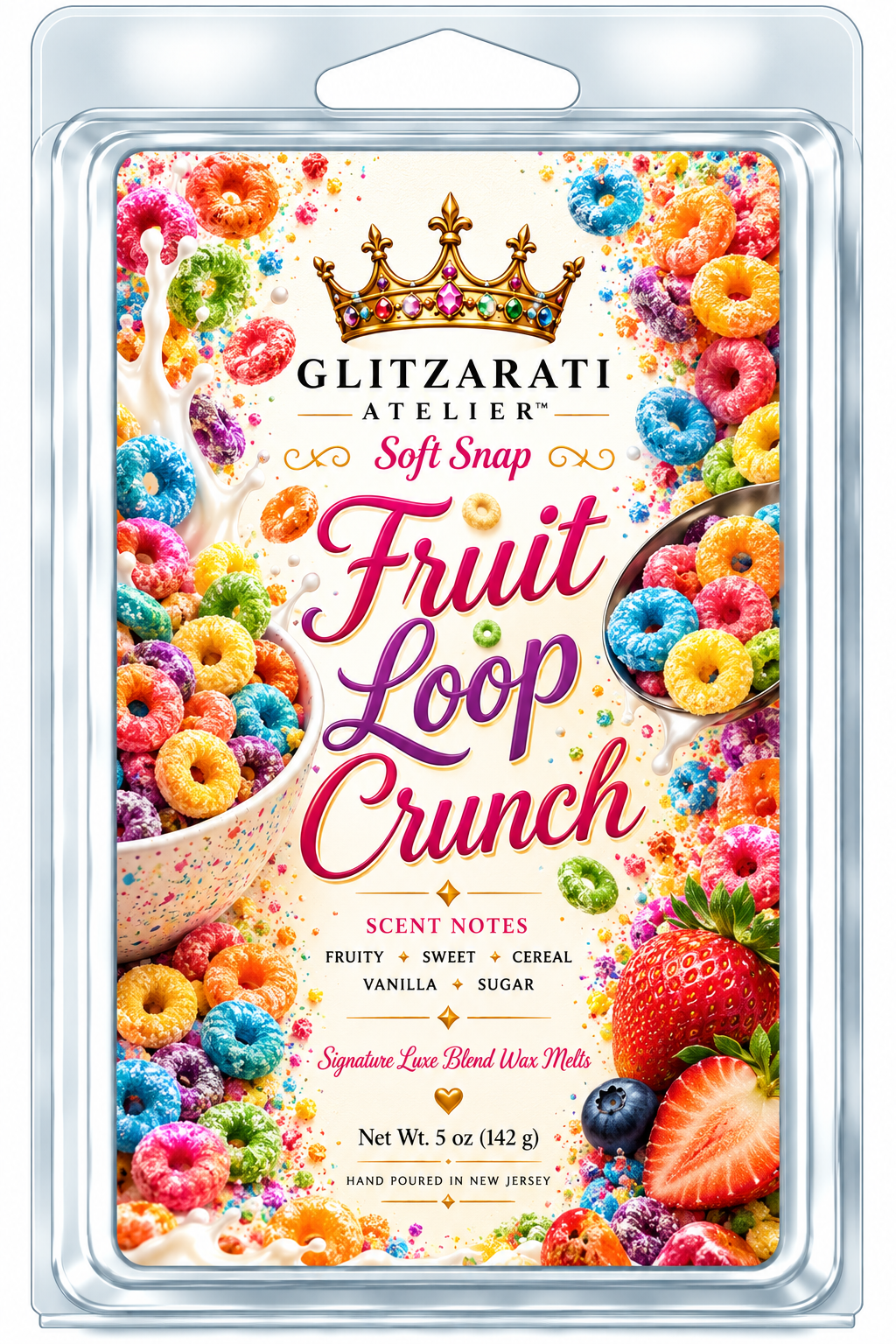 Fruit Loops Crunch | Signature Luxe Blend Wax Melt | Lemon, Cake & Fruity Breakfast Cereal | 5 oz Clamshell | Glitzarati Atelier™
