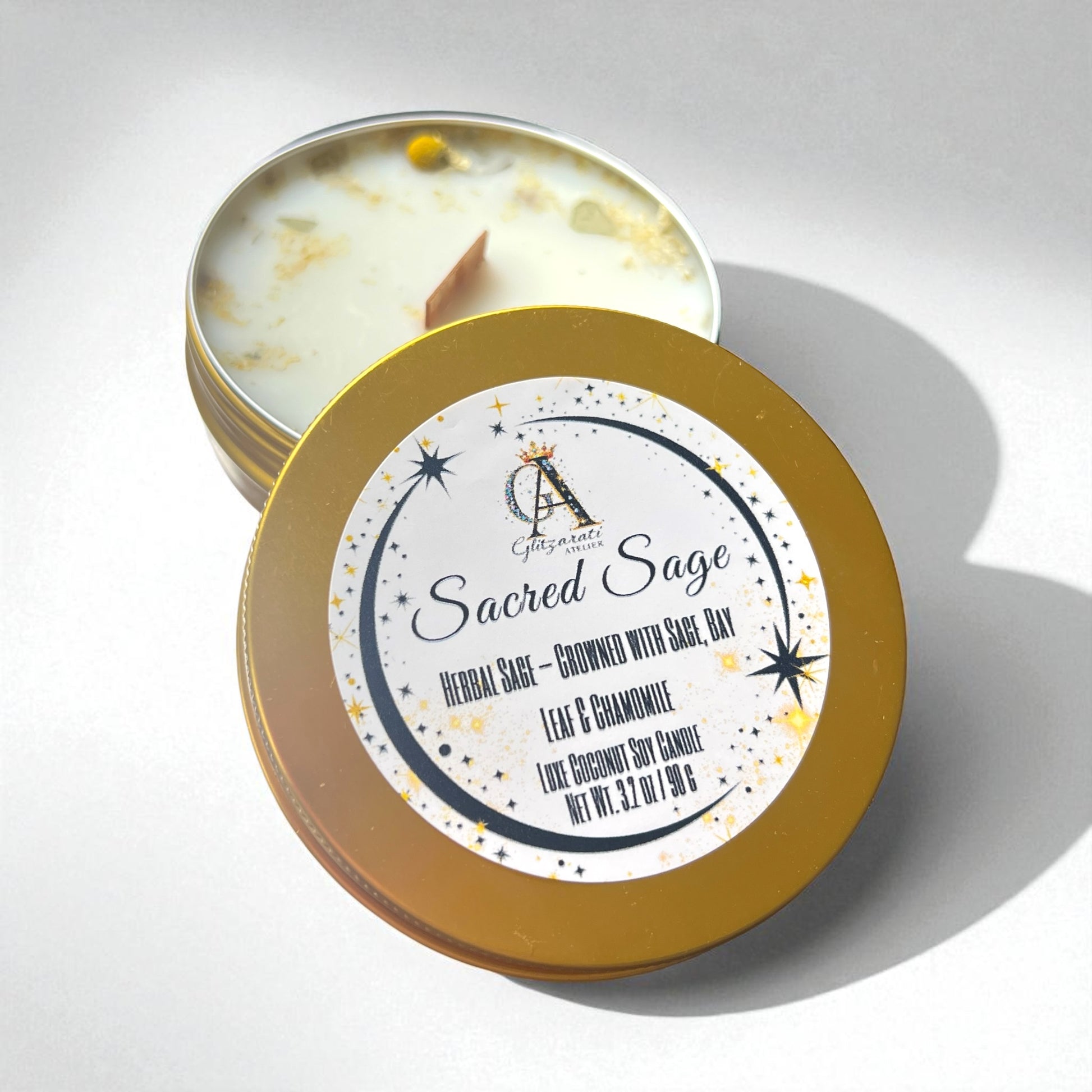Candle in a tin with 'Sacred Sage' label on a white background