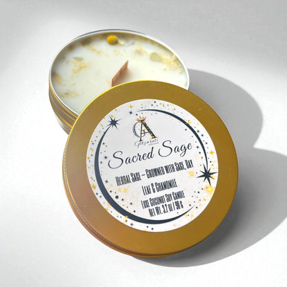 Candle in a tin with 'Sacred Sage' label on a white background