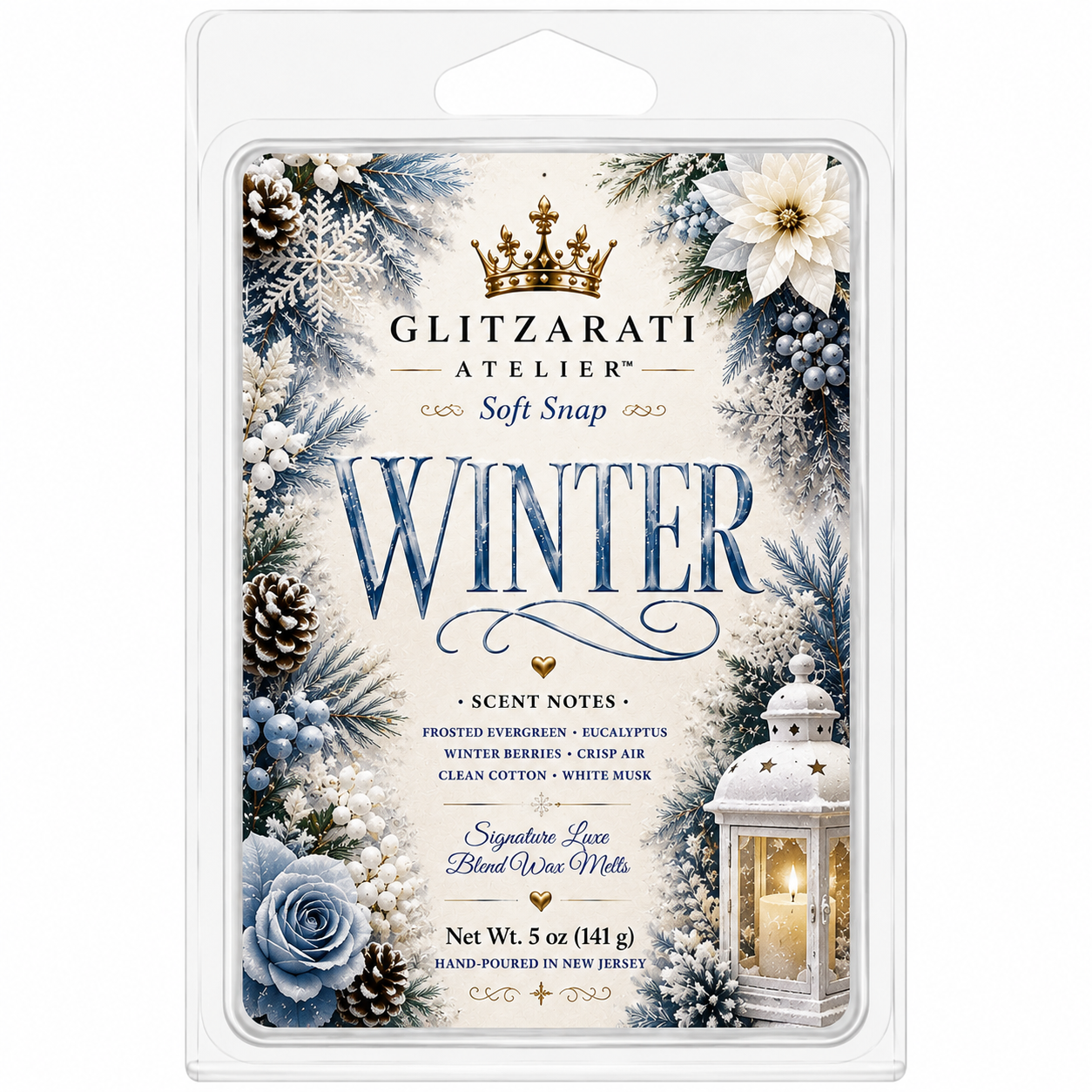 Glitzerati Atelier 'Winter' scented wax melt packaging with decorative elements.