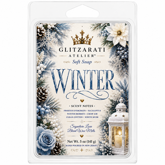 Glitzerati Atelier 'Winter' scented wax melt packaging with decorative elements.