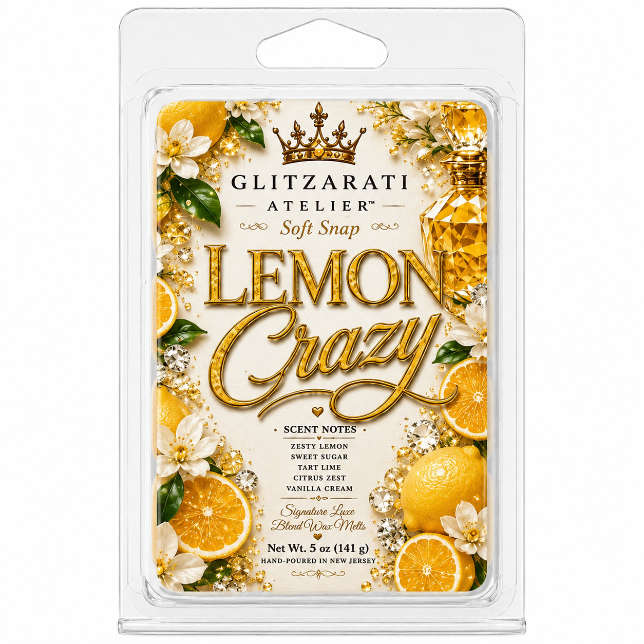 Glitzerati Atelier Lemon Crazy wax melt packaging with lemon and flower design.