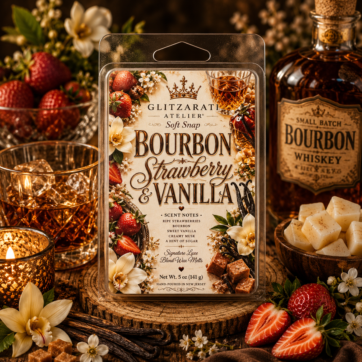 Bourbon Strawberry & Vanilla scented wax melt packaging with a bottle of bourbon and fruit on a wooden surface.