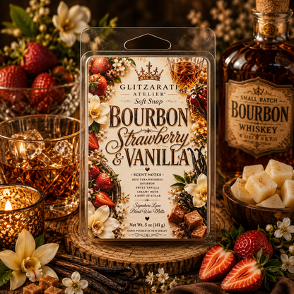 Bourbon Strawberry & Vanilla scented wax melt packaging with a bottle of bourbon and fruit on a wooden surface.