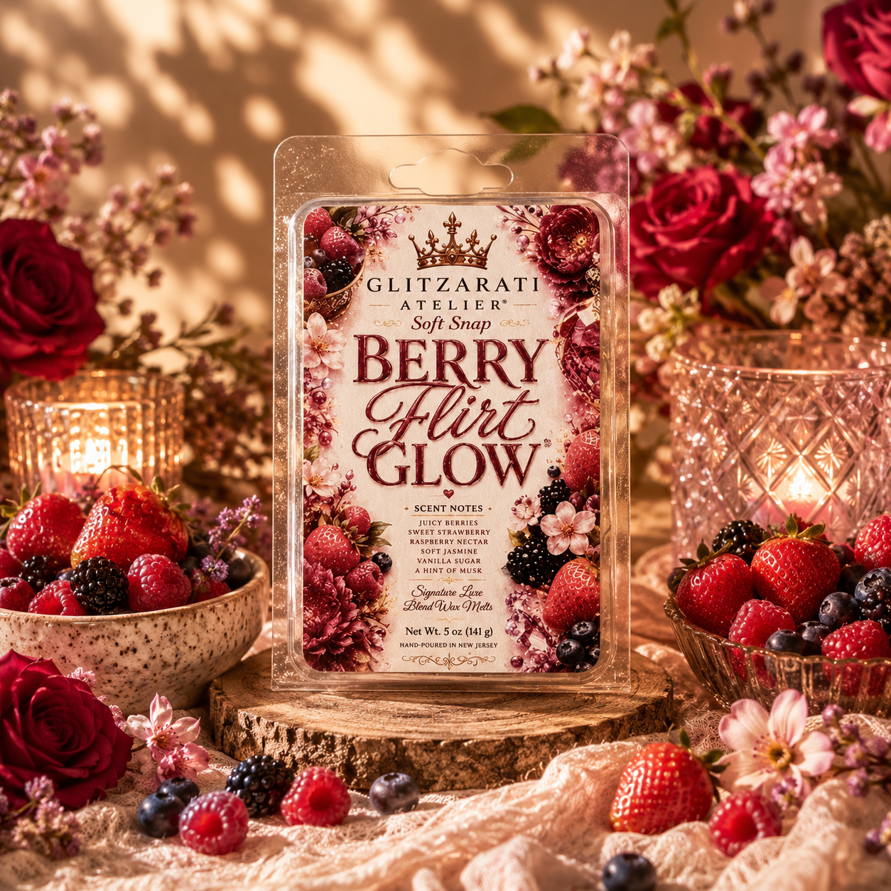 Glitzarati Atelier berry-themed soft soap packaging with berries and flowers in the background