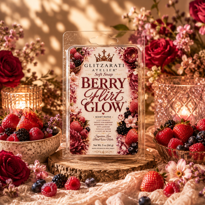 Glitzarati Atelier berry-themed soft soap packaging with berries and flowers in the background