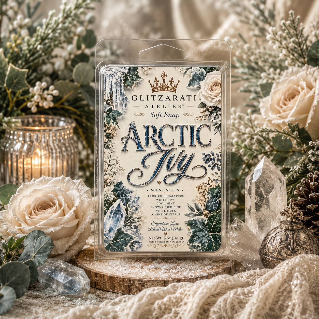 Glitzarati Atelier Arctic Ivy scented wax melt packaging with decorative winter elements.