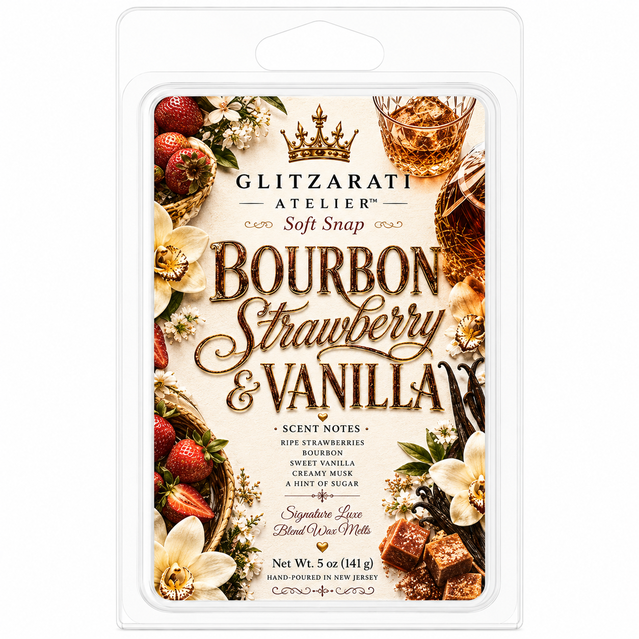 Packaged bourbon strawberry vanilla soft snap by Glitzerati Atelier on a white background