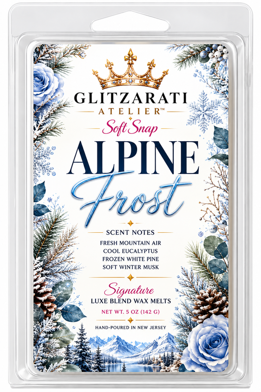 Alpine Frost | Signature Luxe Blend Wax Melt | Crisp Citrus, Frosted Florals & Alpine Woods | 5 oz Clamshell | Glitzarati Atelier™