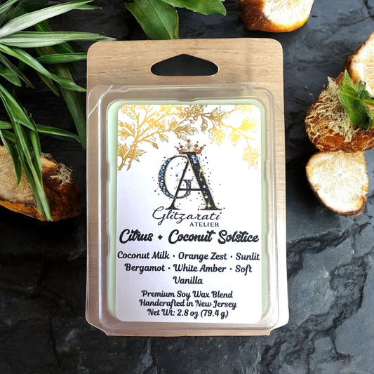 Citrus & Coconut Solstice Luxe Iridescent Wax Melts – Coconut Milk, Orange Zest & Sunlit Bergamot • 2.8 oz | Glitzarati Atelier