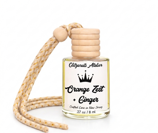 Orange Zest + Ginger | Luxe Hanging Car Diffuser | Orange, Pink Grapefruit, Bergamot & Ginger Zest | Refillable Glass Freshener