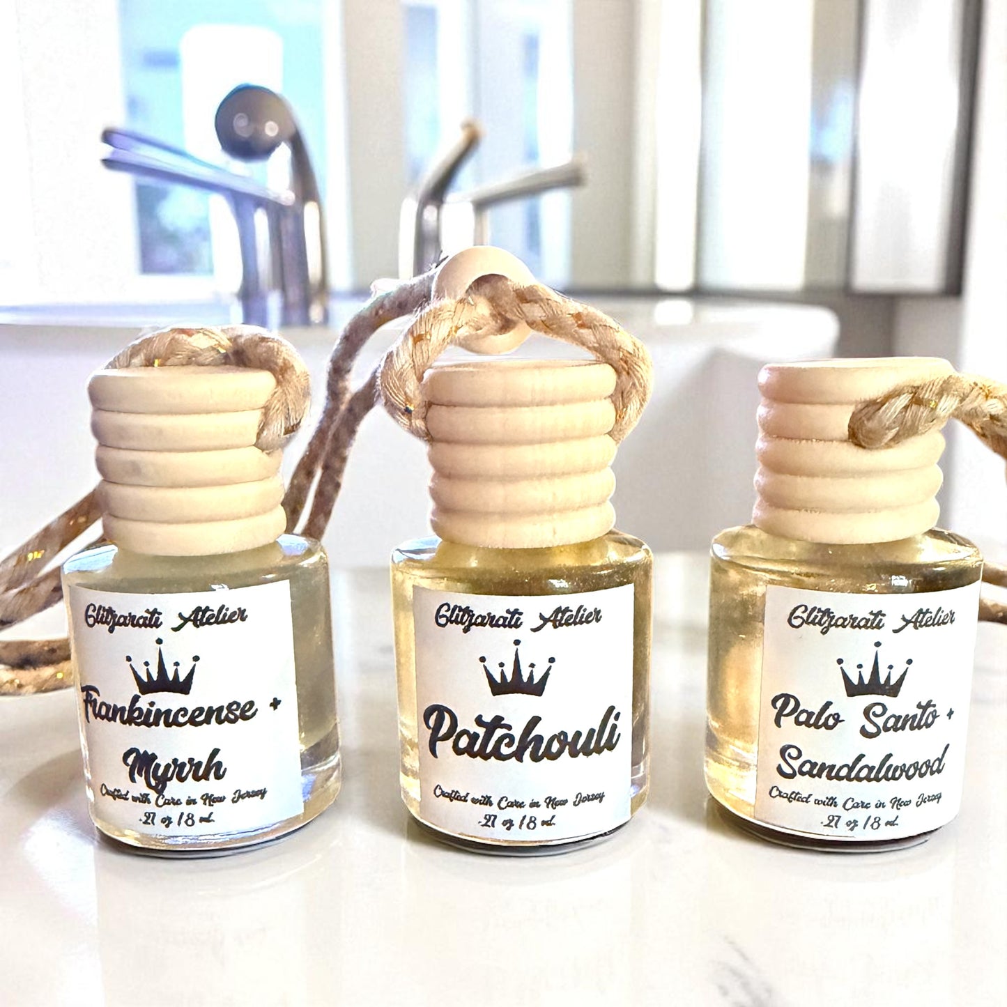 Sacred Earth Trio – Patchouli, Frankincense & Myrrh, Palo Santo & Sandalwood • Grounding Car Diffuser Gift Set | Glitzarati Atelier
