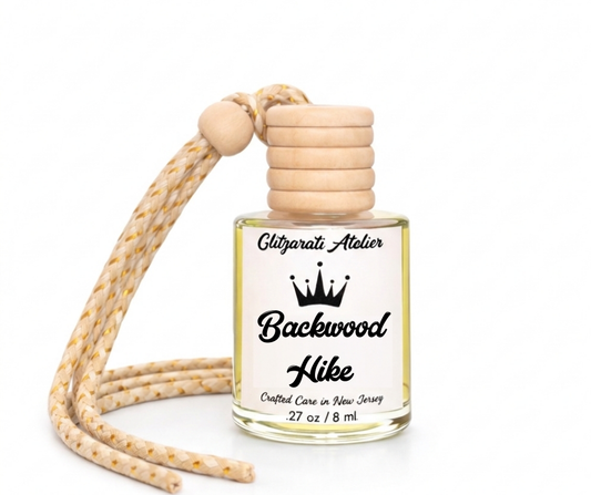 Backwoods Hike | Luxe Hanging Car Diffuser | Elemi, Lavender & Cedarwood Amber Spice | Refillable Glass Freshener