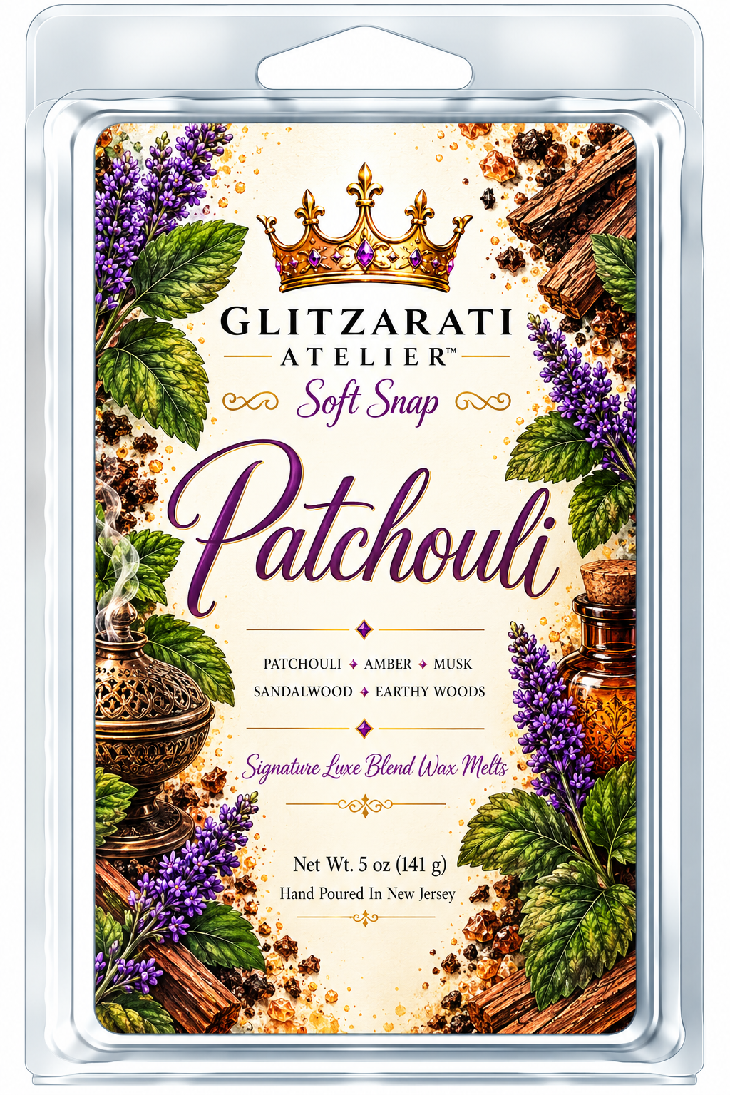 Patchouli | Signature Luxe Blend Wax Melt | Earthy Patchouli Leaves & Warm Woodsy Musk | 5 oz Clamshell | Glitzarati Atelier™