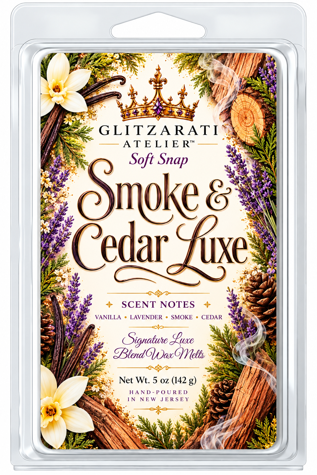 Smoke & Cedar Luxe | Signature Luxe Blend Wax Melt | Smoked Cedar, Lavender & Warm Vanilla | 5 oz Clamshell | Glitzarati Atelier™