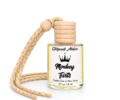 Monkey Farts | Luxe Hanging Car Diffuser | Fresh Orange, Banana Berry & Creamy Vanilla Musk | Refillable Glass Freshener