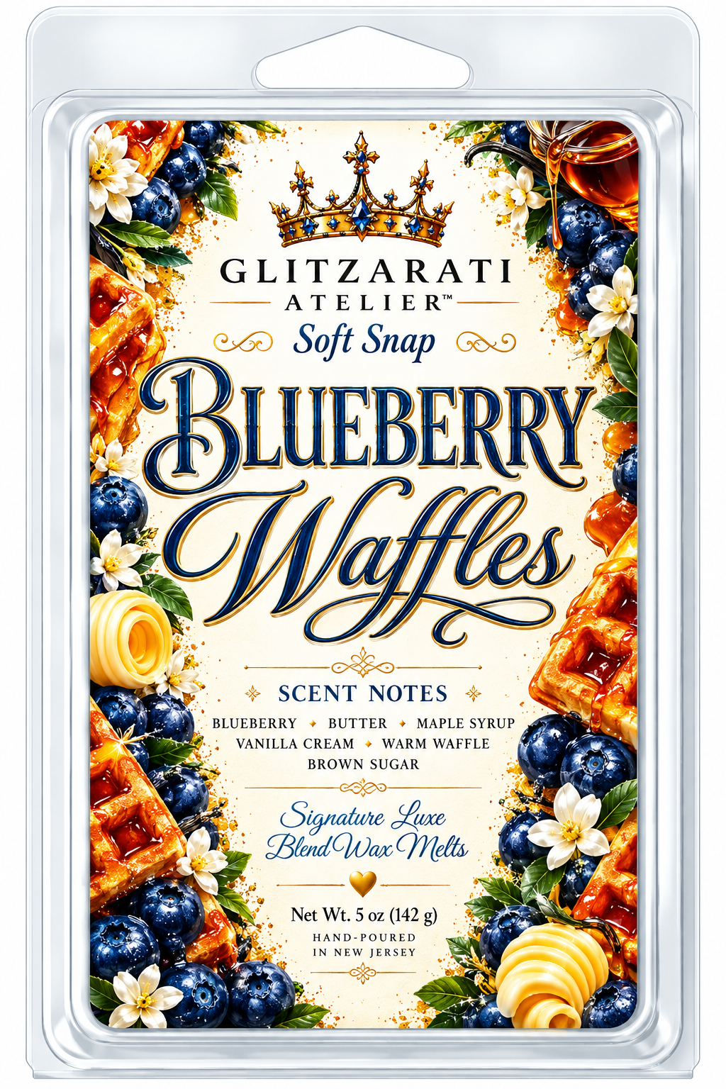 Blueberry Waffles | Signature Luxe Blend Wax Melt | Wild Blueberries, Golden Waffles & Maple Syrup | 5 oz Clamshell | Glitzarati Atelier™