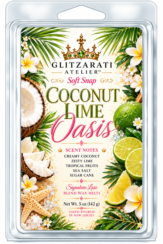 Coconut Lime Oasis | Signature Luxe Blend Wax Melt | Fresh Lime, Coconut & Vanilla Musk | 5 oz Clamshell | Glitzarati Atelier™