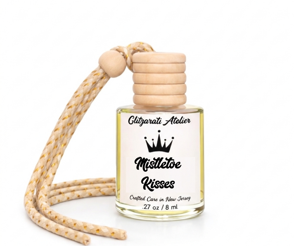 Mistletoe Kisses | Luxe Hanging Car Diffuser | Fresh Evergreen, Soft Berry & Cozy Woods | Refillable Glass Car Freshener