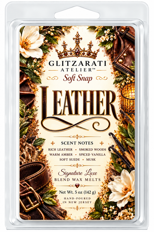 Leather | Signature Luxe Blend Wax Melt | Fresh Leather, Rich Leather & New Car Scent | 5 oz Clamshell | Glitzarati Atelier™