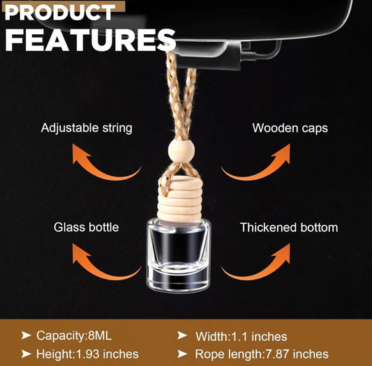 Car air freshener with adjustable string, wooden caps, glass bottle, thickened bottom, and product features listed.